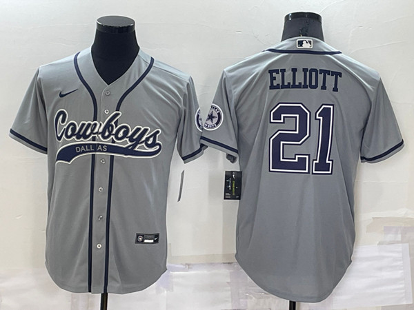 Men's Dallas Cowboys #21 Ezekiel Elliott Grey Cool Base Stitched Baseball Jersey